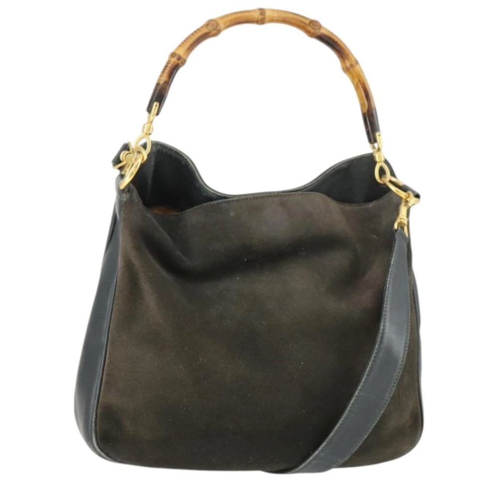 Gucci Dark Brown Suede Shoulder Bag with Bamboo Handle